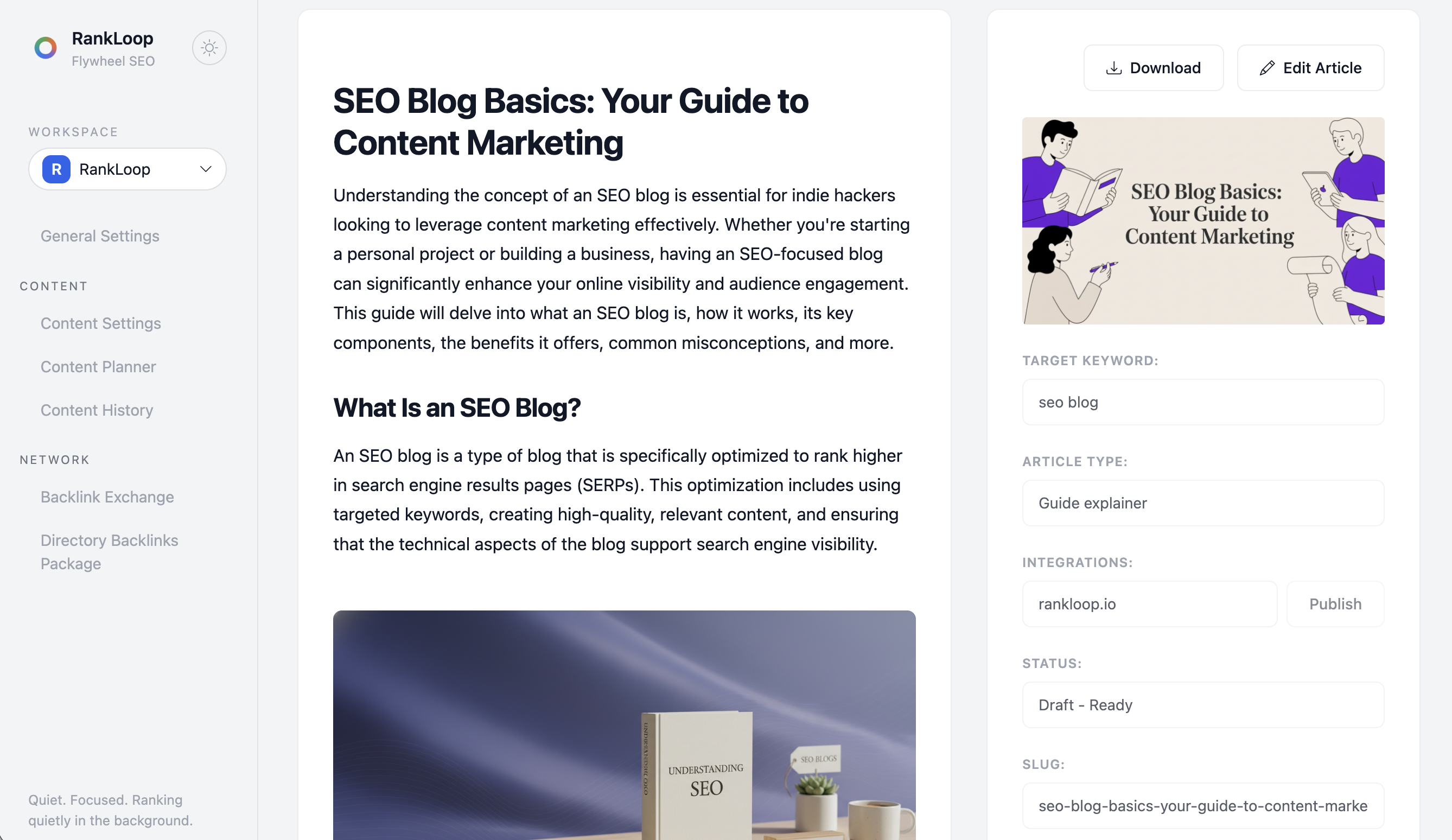 RankLoop content management interface showing article editor