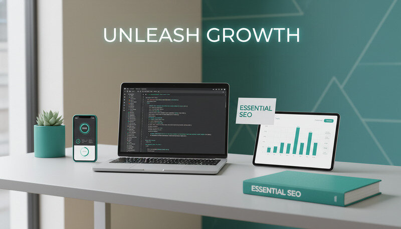 Professional workspace showing multiple SEO tools and analytics dashboards on computer screens