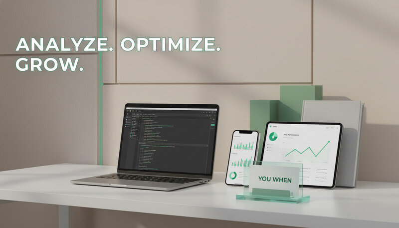 Multiple dashboard screens showing SEO performance metrics and trend charts