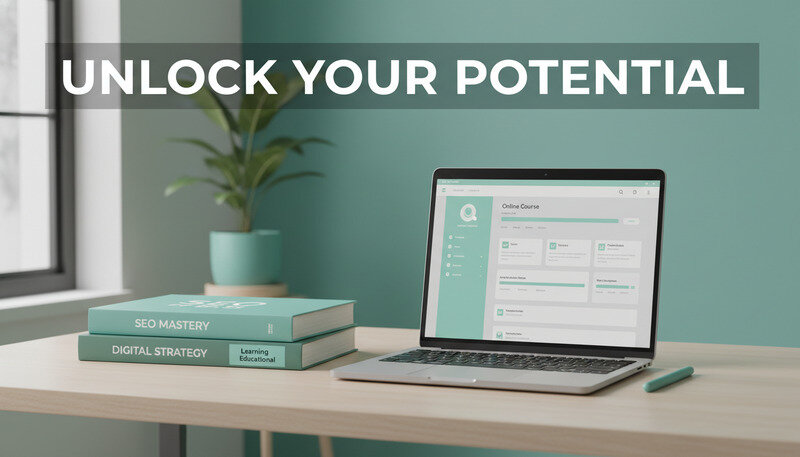 Stack of SEO books next to laptop with online course interface visible