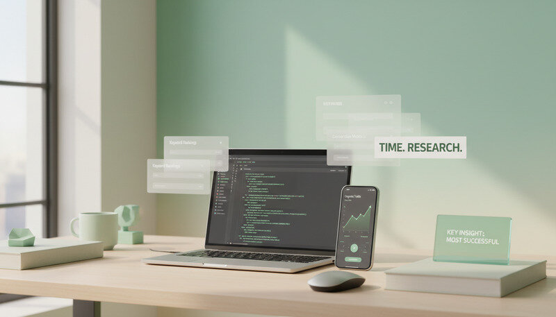 Multiple analytics screens showing organic traffic trends, keyword rankings, and conversion metrics