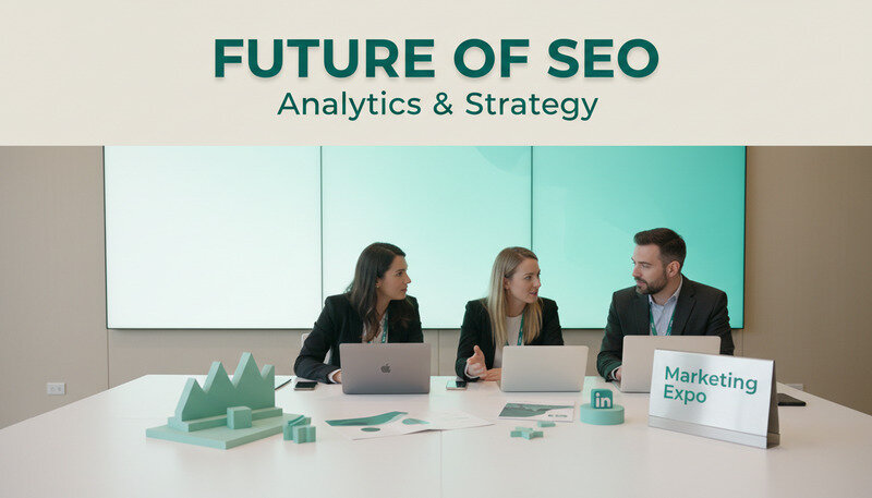 SEO professionals collaborating at a conference with laptops and mobile devices