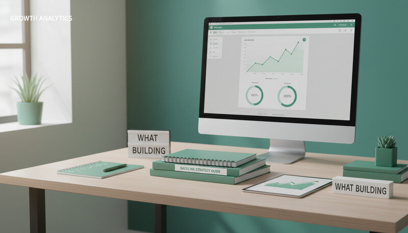Professional workspace showing SEO analytics dashboard with backlink metrics and growth charts
