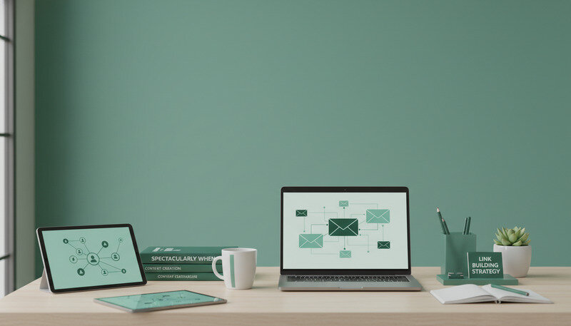 Comprehensive link building strategy visualization showing content creation, outreach, relationship building, and monitoring components