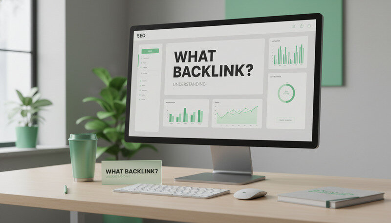 Professional workspace showing SEO analytics dashboard with backlink metrics and graphs