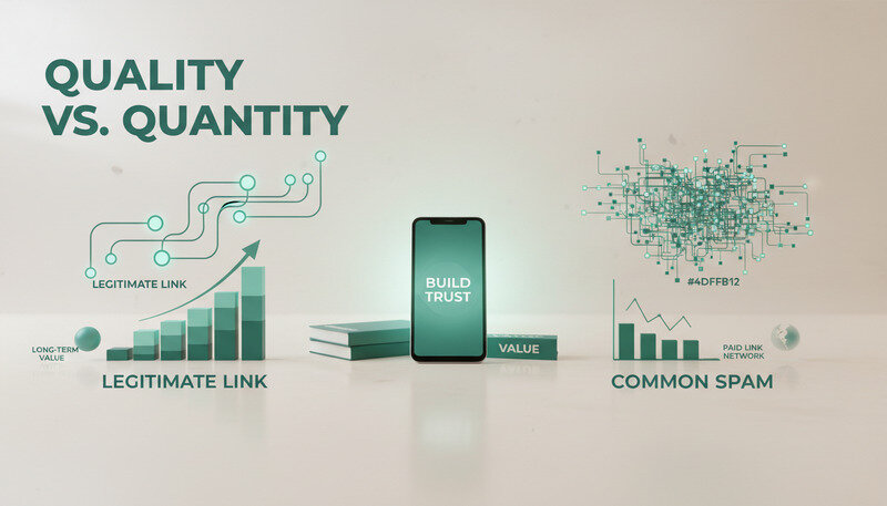 Side-by-side comparison showing legitimate link building versus paid link network schemes
