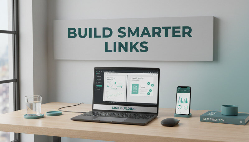 Split screen showing link building tools and content creation workspace with analytics dashboards