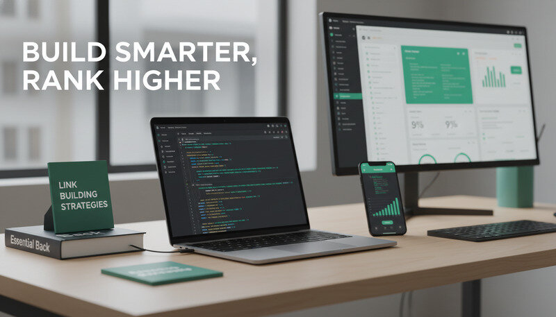 Professional workspace with SEO tools, link building charts, and digital marketing resources displayed on multiple monitors