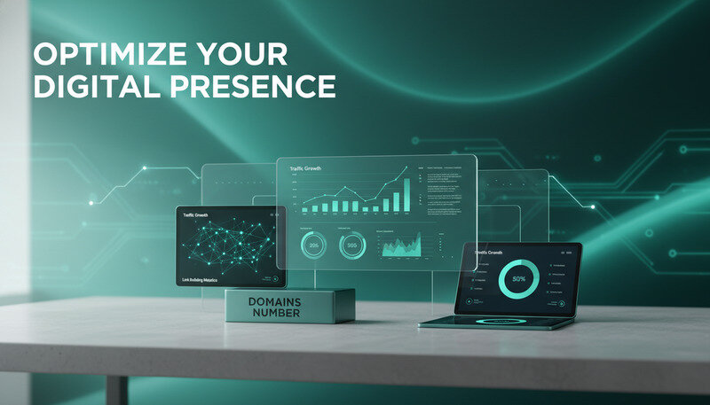 Professional analytics dashboard showing link building metrics, traffic growth charts, and SEO performance indicators