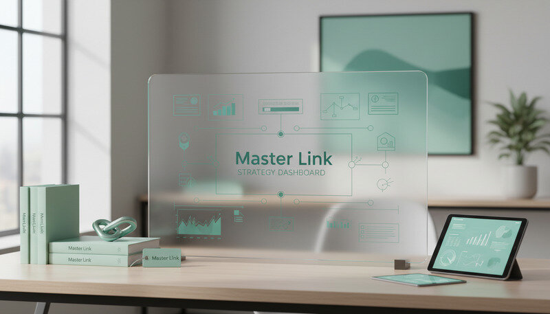 Professional workspace showing link building strategy dashboard with charts and analytics