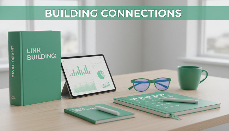 Professional workspace showing link building strategy planning with charts and analytics