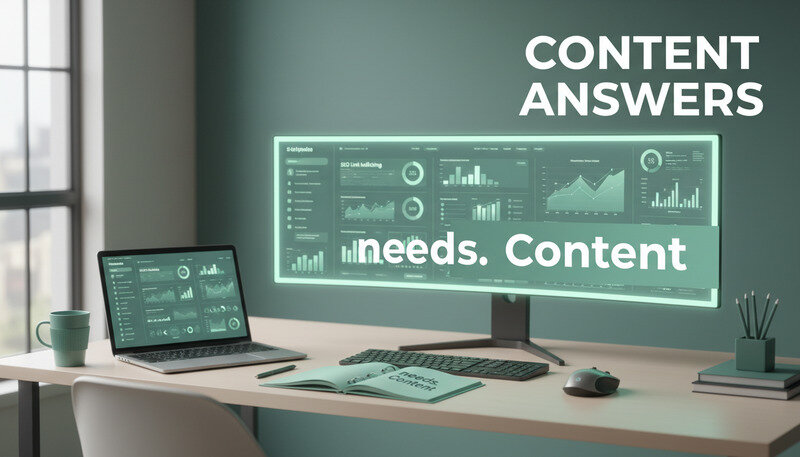 Computer screen showing various SEO analytics dashboards with link building metrics and performance graphs