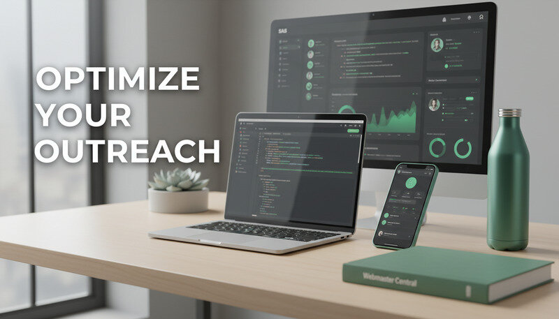 Modern office setup with multiple screens showing SaaS analytics dashboards, link building tools, and community platforms