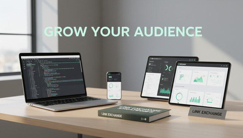 Digital marketing workspace with multiple screens showing SEO tools and analytics dashboards