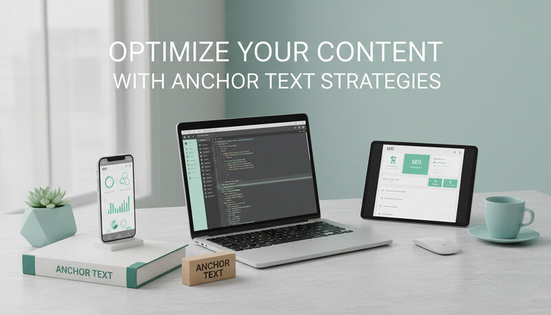 Professional workspace showing SEO dashboard with anchor text analysis and link building tools