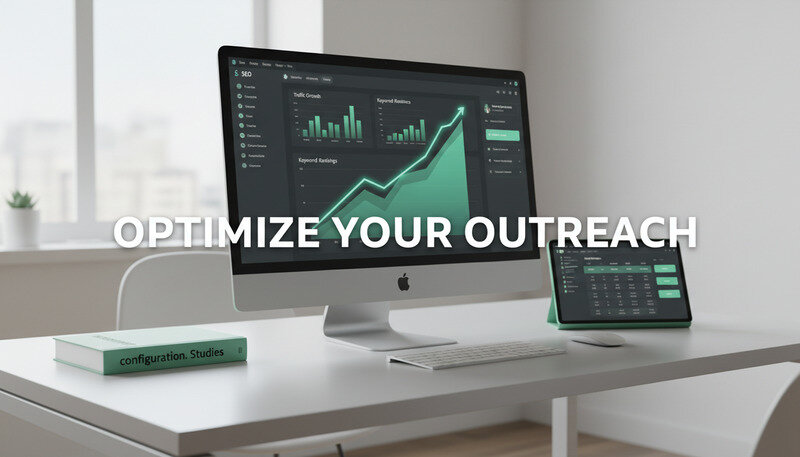 SEO analytics dashboard showing traffic growth, keyword rankings, and conversion metrics