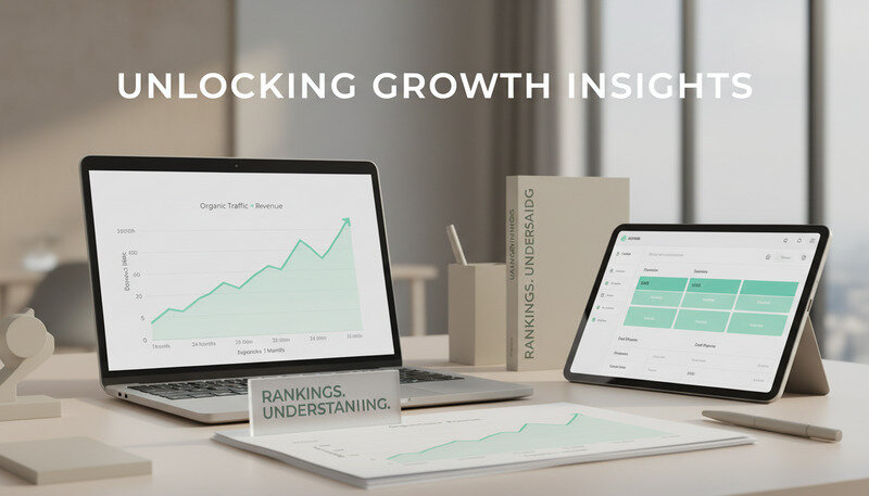 Business growth chart showing increasing organic traffic and revenue over 24 months