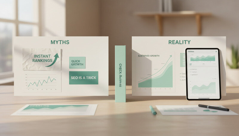 Side-by-side comparison showing myths vs reality about SEO services
