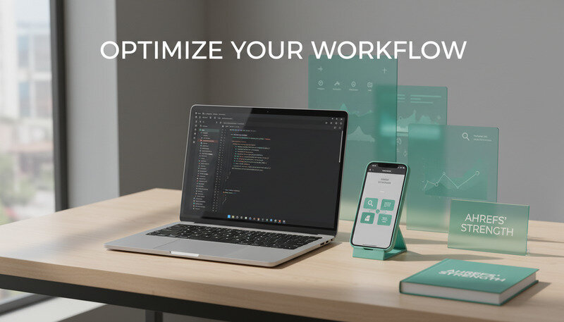 Split screen showing keyword research tools with data visualizations and search volume charts