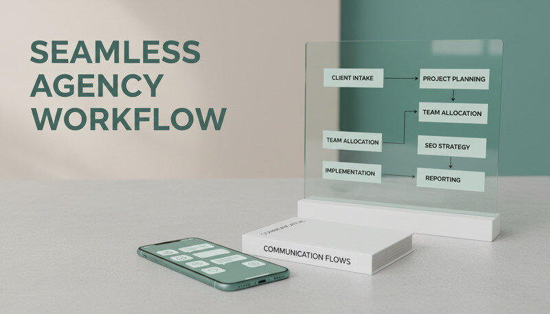 Flowchart showing how SEO agencies manage multiple client projects and team coordination