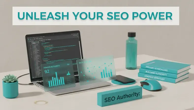 Professional workspace showing SEO authority dashboard with backlink metrics and domain authority scores