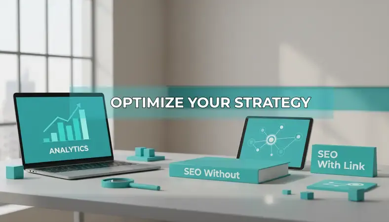 Professional workspace showing SEO analytics dashboard with organic traffic growth charts