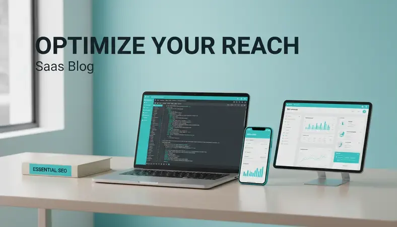 Professional workspace with multiple screens showing SEO dashboards and analytics tools