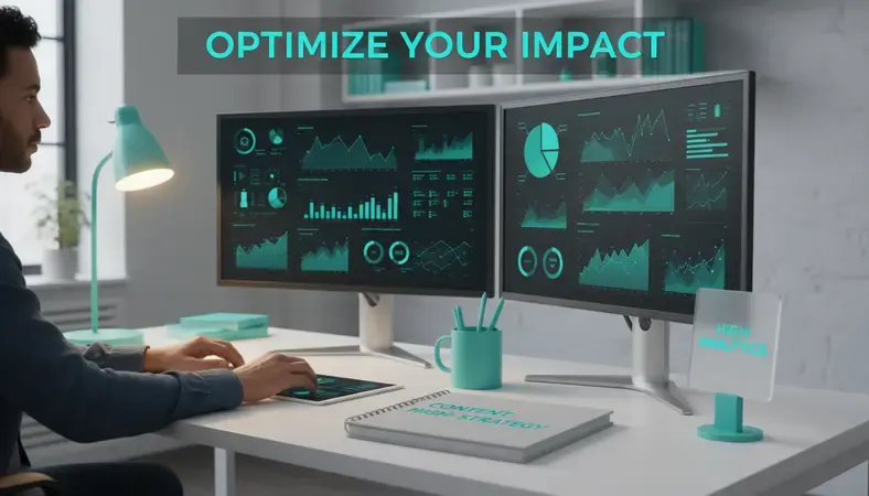 Professional content creator analyzing performance metrics on multiple screens with charts and graphs
