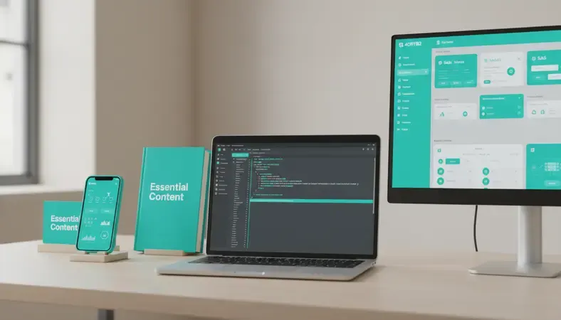 Professional content creator workspace with multiple screens showing analytics dashboards and writing tools