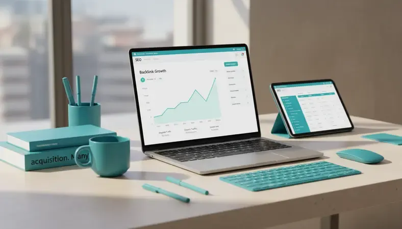SEO analytics dashboard showing gradual backlink growth over time with various metrics and performance indicators